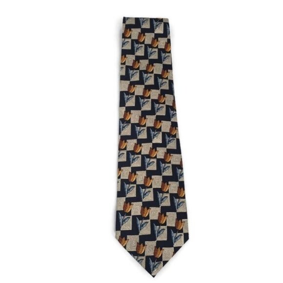 Nina Ricci Paris Silk Tie With Geometric & Tulip Pattern In Navy & Gold Colors - Picture 6 of 6